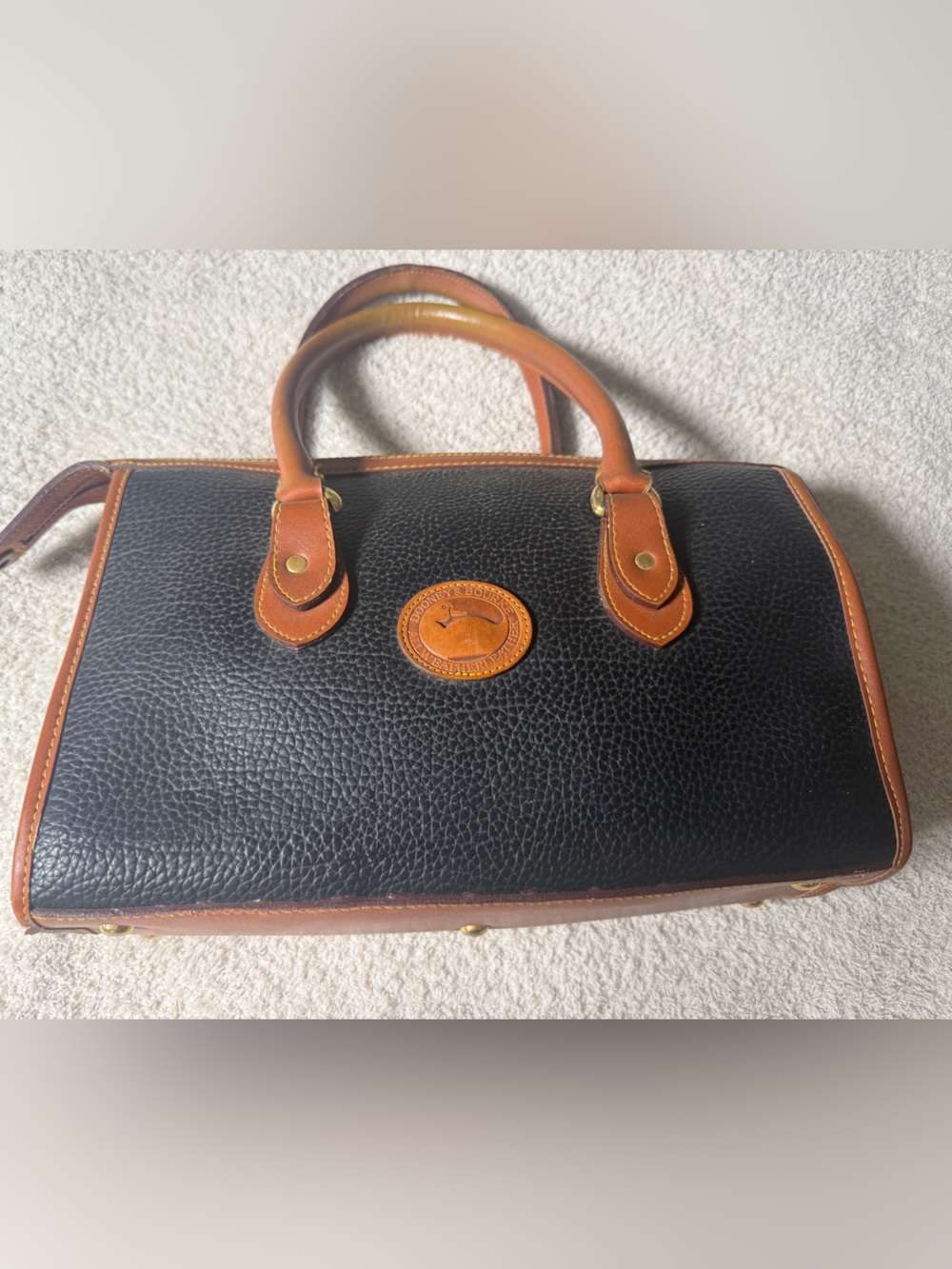 Dooney & Bourke Black Pebbled Leather Satchel with Brown Trim